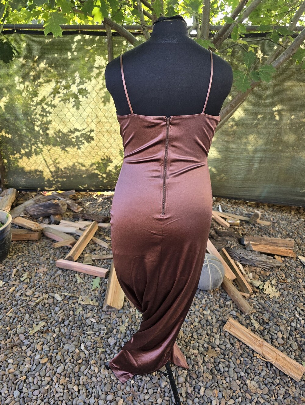 Windsor Brown Satin Twist Front Cutout Midi Dress 90's Minimalism Modern Glamour - Picture 5 of 9